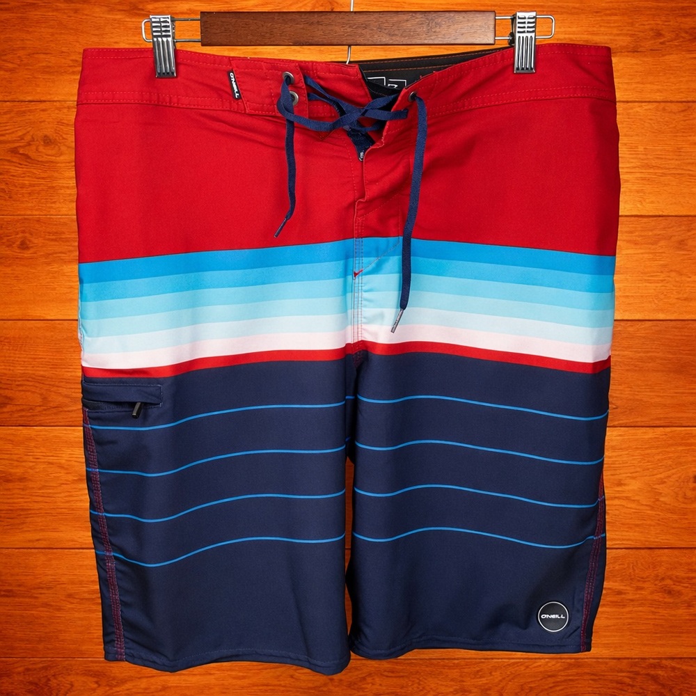 O’Neill FUC Hyperfreak Board Shorts Red / Blue Striped – 34x11